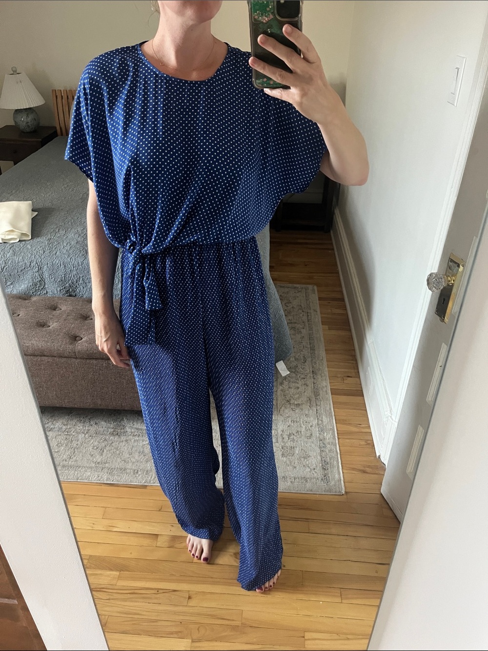 Zara Navy Blue Polka Dot Tie-Waist Jumpsuit